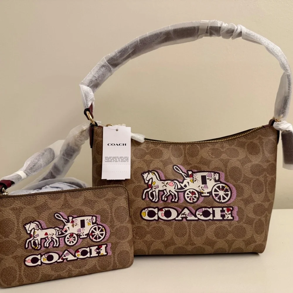 Coach Shoulder Bag Signature Canvas Leather Horse Carriage Print with Wallet - Picture 2 of 9